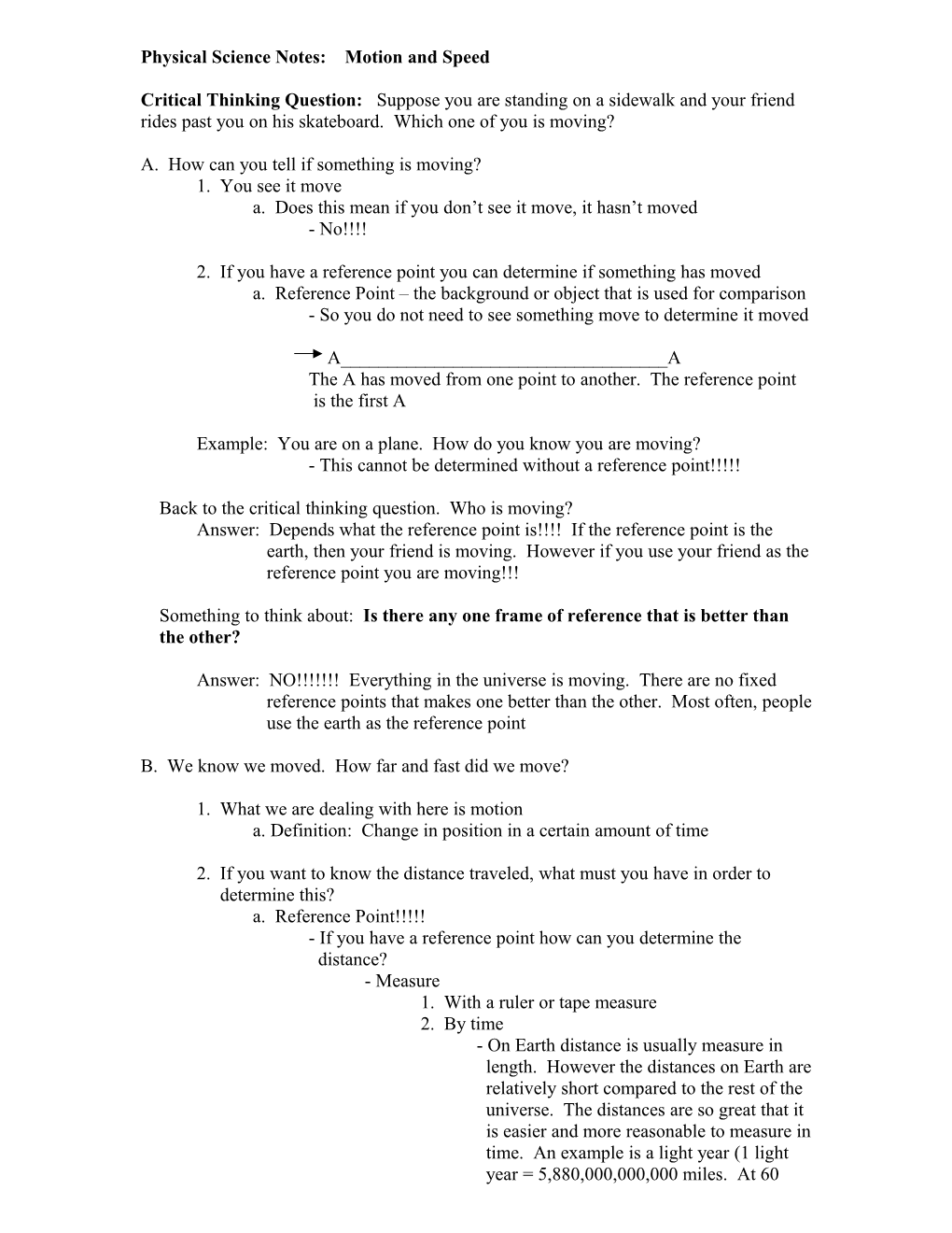 Physical Science Notes: Motion and Speed