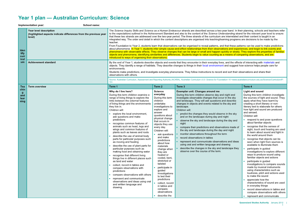 Year 1 Plan Australian Curriculum: Science