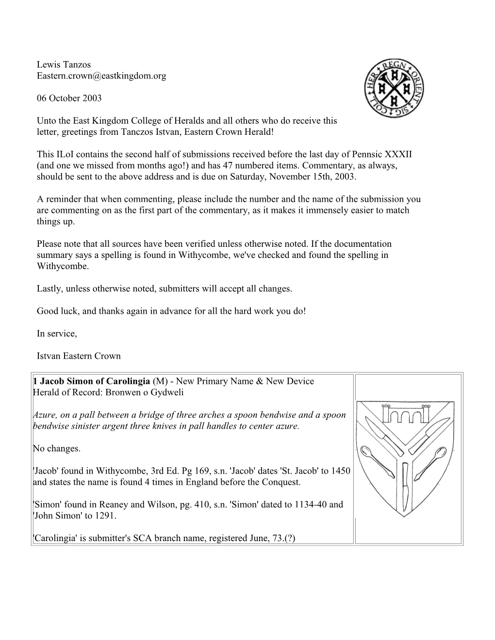 October 2003 Eastern Internal Letter of Intent