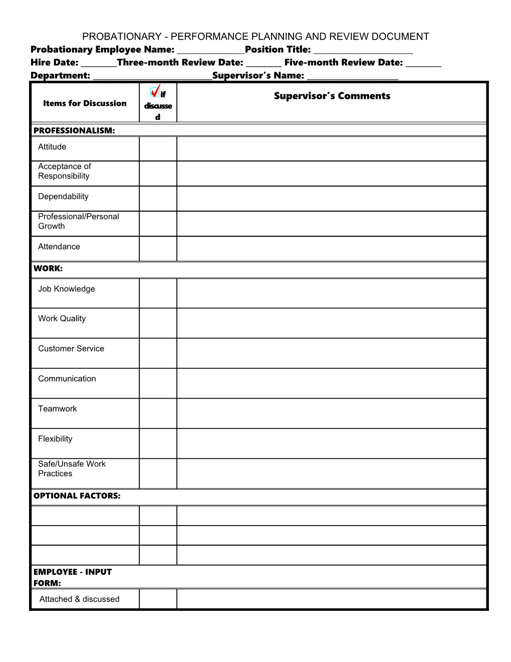 Probationary - Performance Planning and Review Document