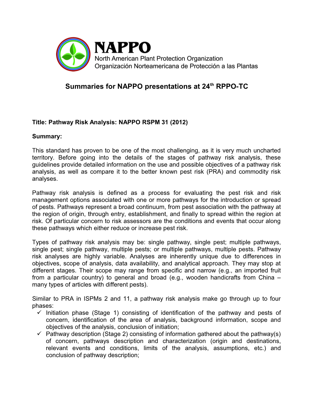 Summaries for NAPPO Presentations at 24Th RPPO-TC