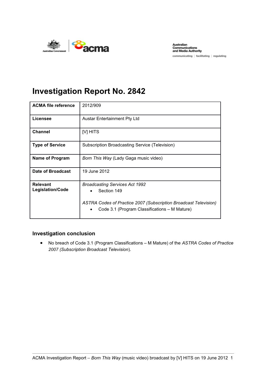 V HITS - ACMA Investigation Report 2842