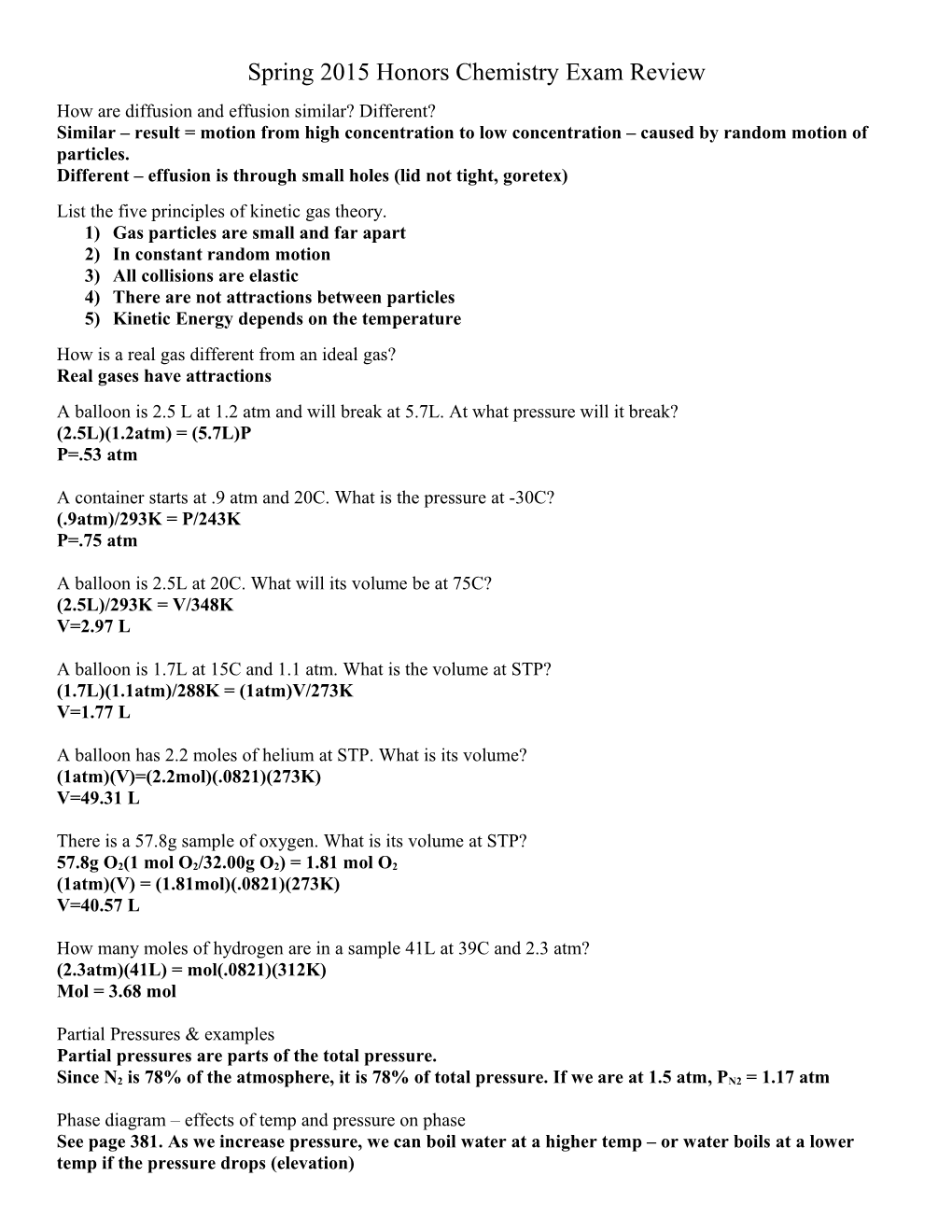 Spring 2008 Honors Chemistry Exam Review