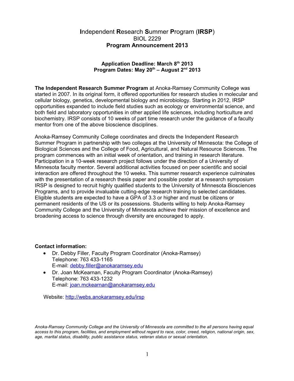 Independent Research Summer Program (IRSP)