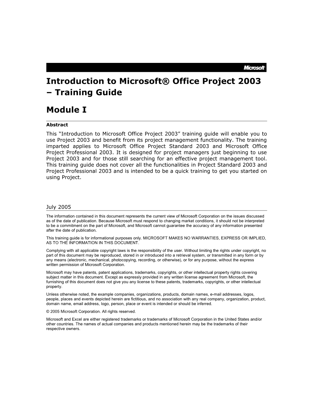 Introduction Tomicrosoft Office Project 2003 Training Guide