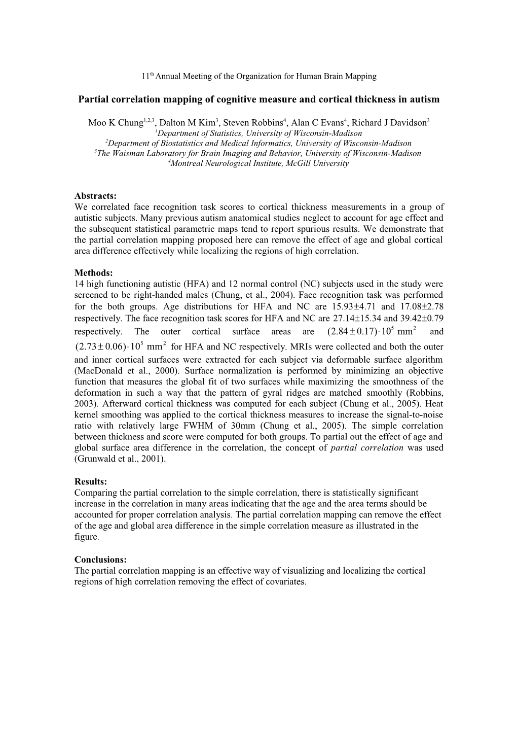 Partial Correlation Mapping of Cognitive Measure and Cortical Thickness in Autism