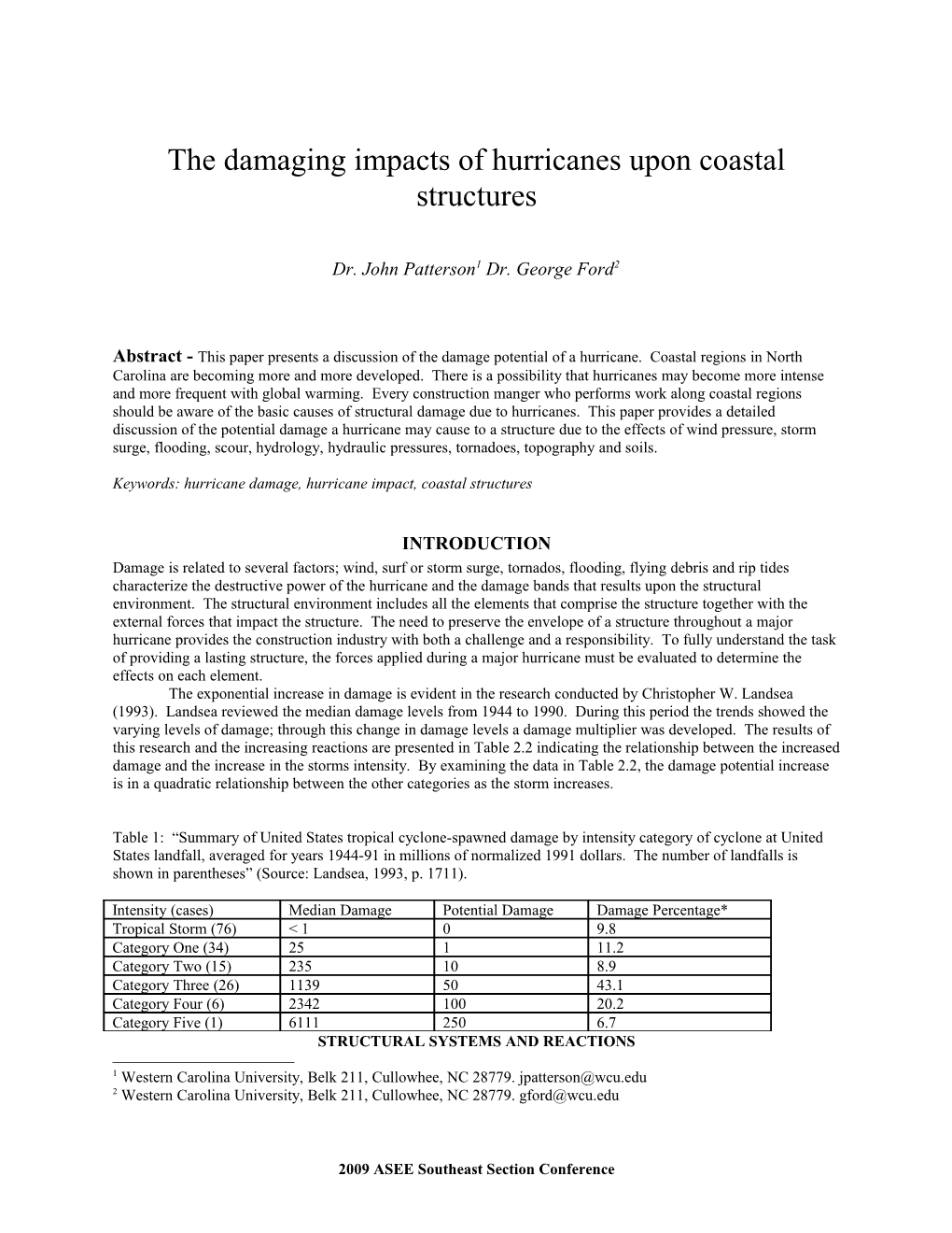 Chapter Two: Review of Literature Concerning Hurricane Damage