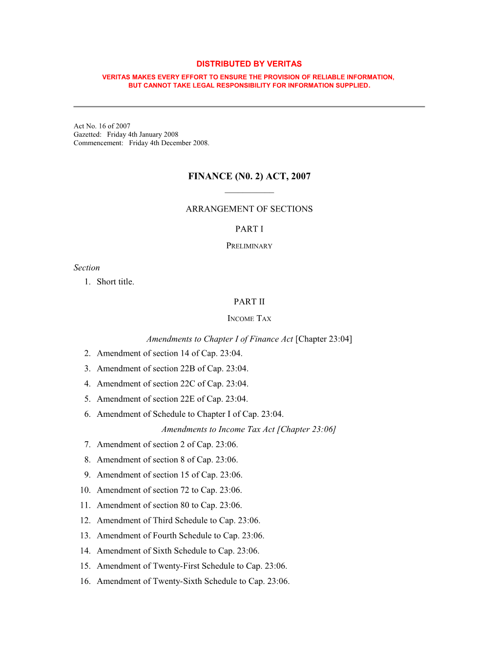 Finance (No. 2) Act- No 16-2007