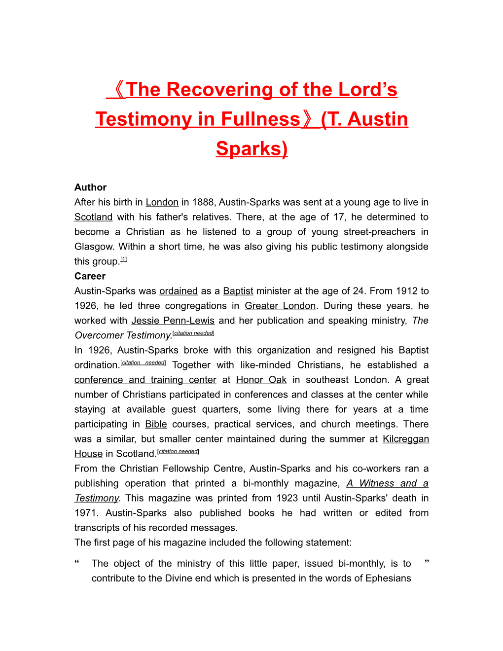 The Recovering of the Lord S Testimony in Fullness (T. Austin Sparks)