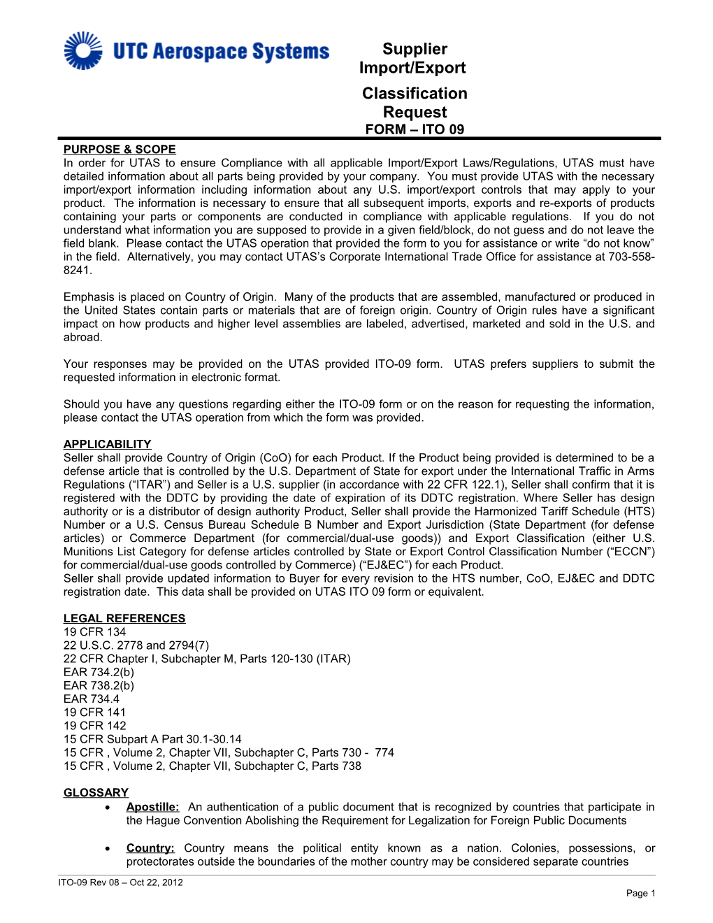 ITO 09 Supplier Classification Request with Instructions