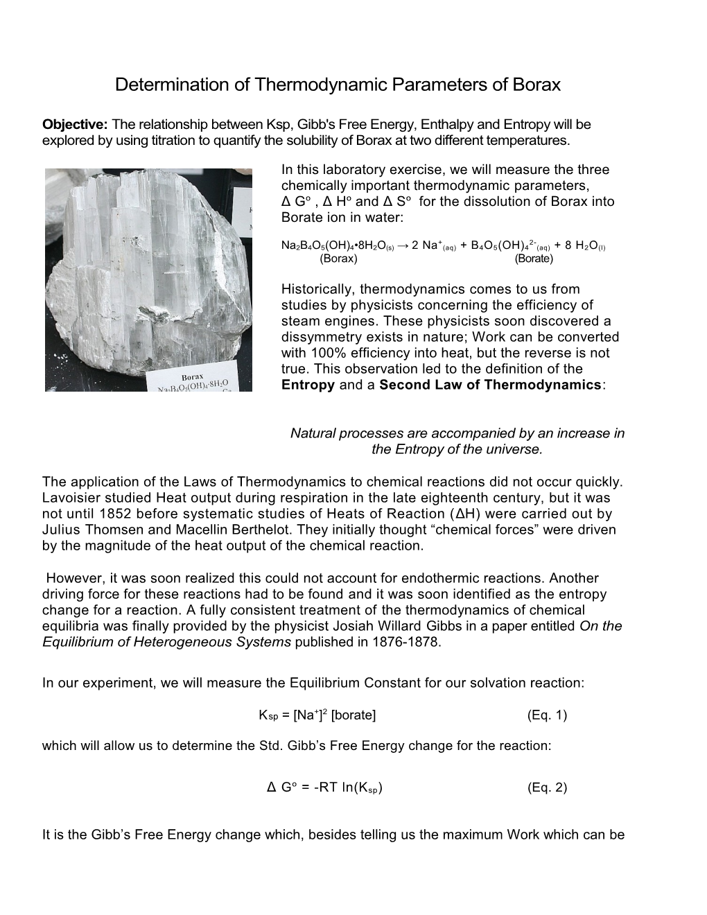 Determination of Thermodynamic Parametersof Borax