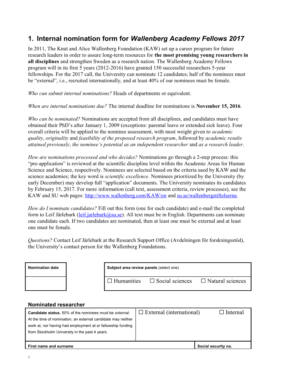 Internal Nomination Form for Wallenberg Academy Fellows 2017