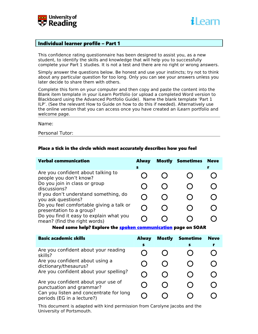 This Confidence Rating Questionnaire Has Been Designed to Assist You, As a New Student