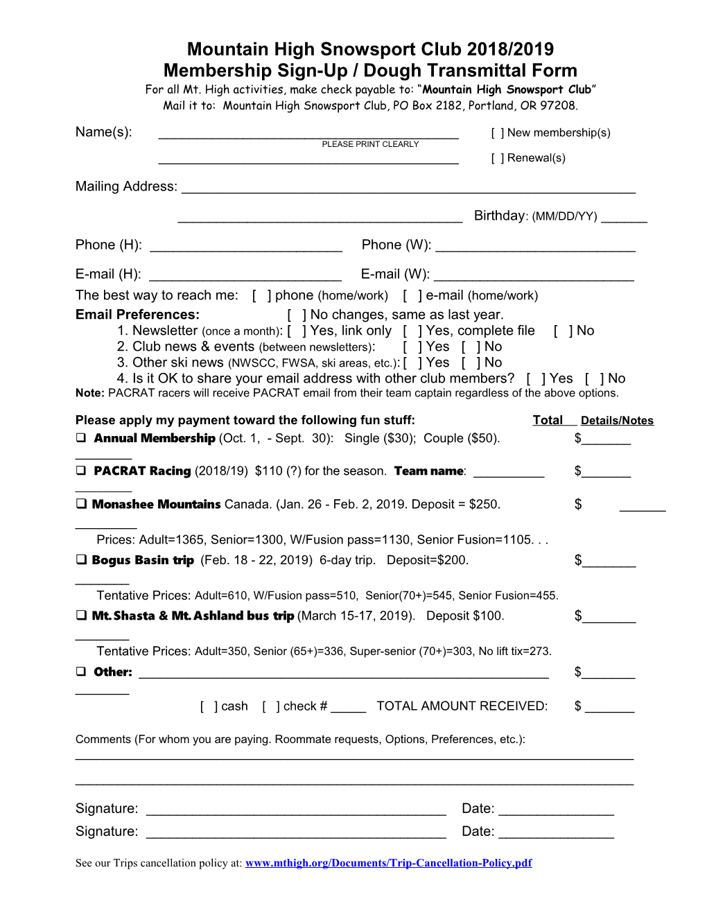 Dough Transmittal Form & Membership Signup Form