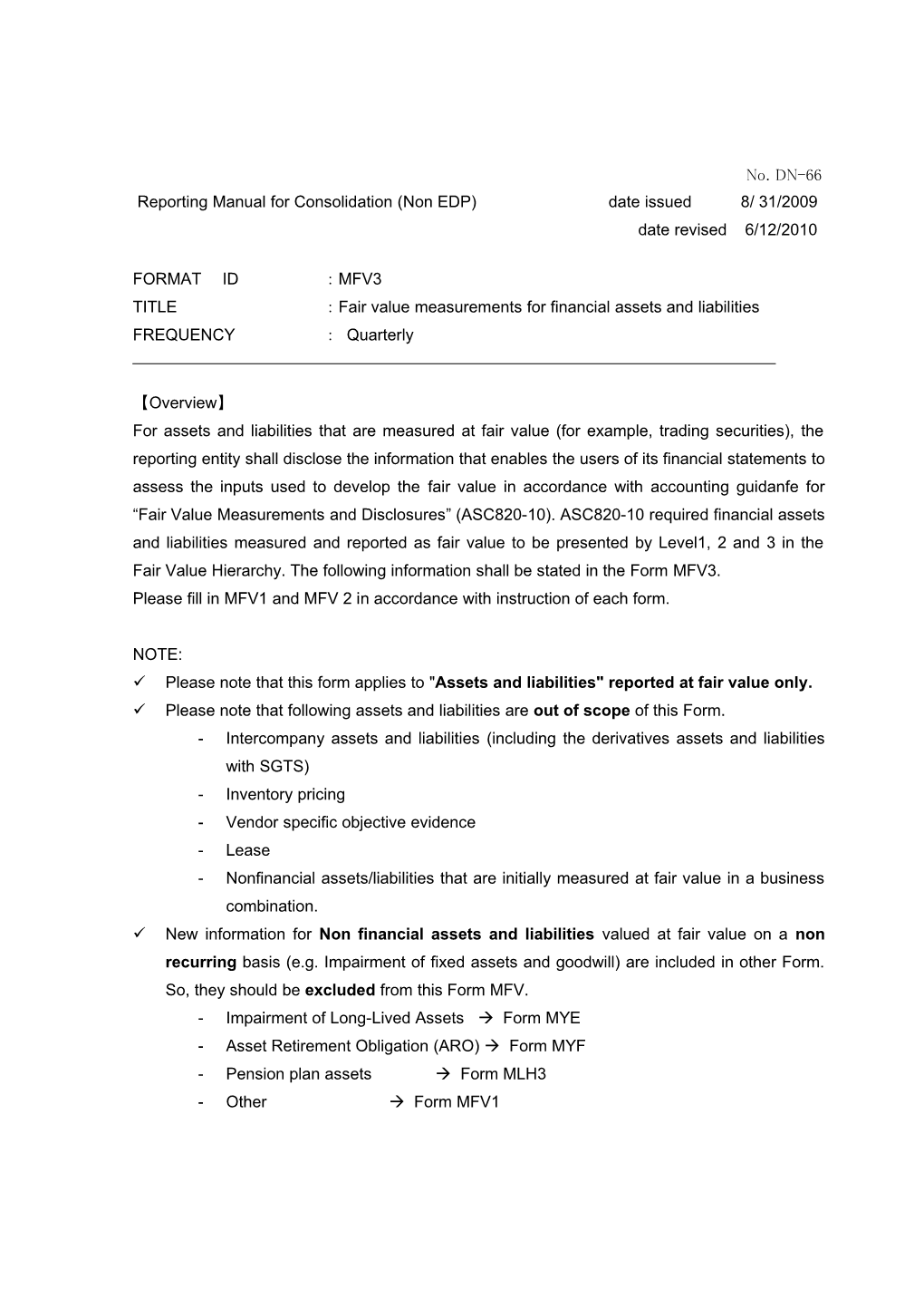 Reporting Manual for Consolidation (Non EDP) Date Issued8/ 31/2009