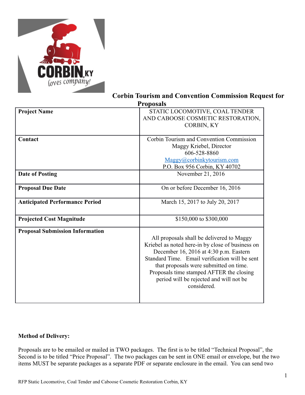 Corbin Tourism and Convention Commission Request for Proposals