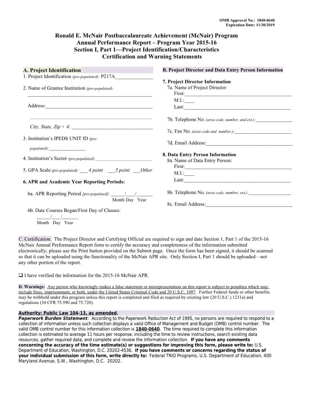 2015-2016 Annual Performance Report Form Under the Ronald Mcnair Program (MS Word)
