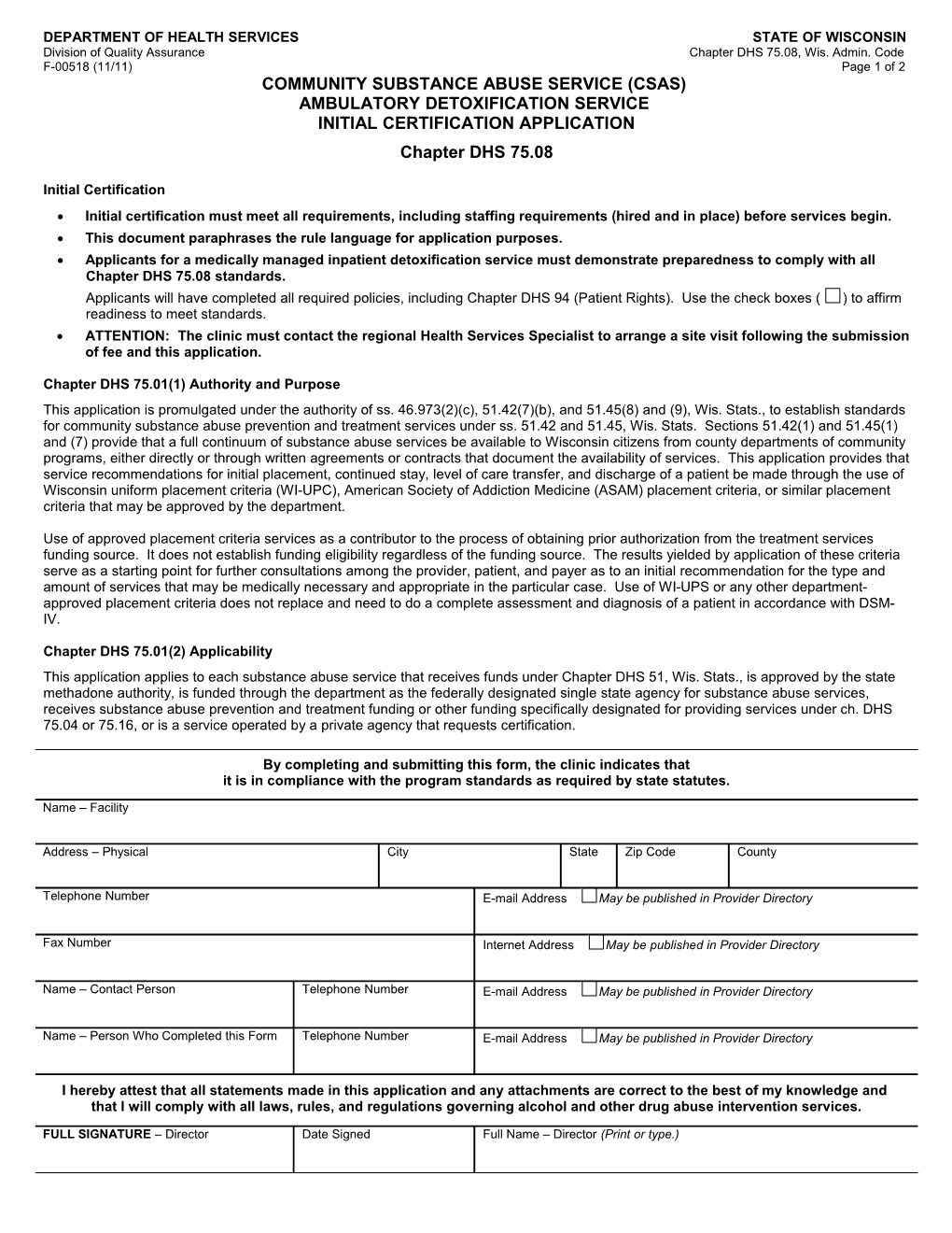 CSAS Ambulatory Detoxification Service Initial Certification Application-DHS 75.08, F-00518