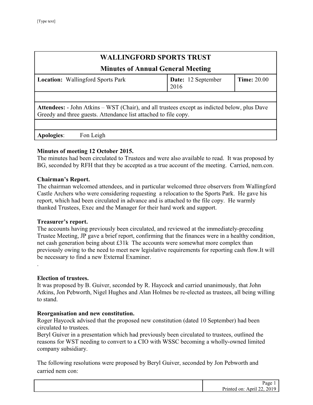 Minutes of Meeting 12 October 2015