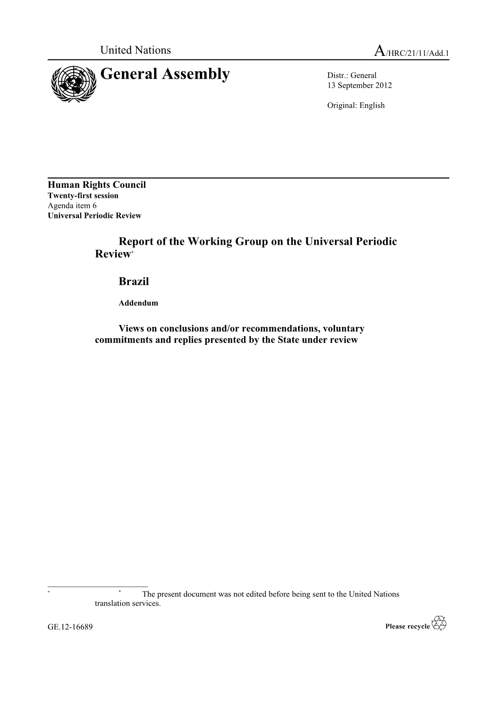 Report of the Working Group on the UPR - Brazil - Addendum - English