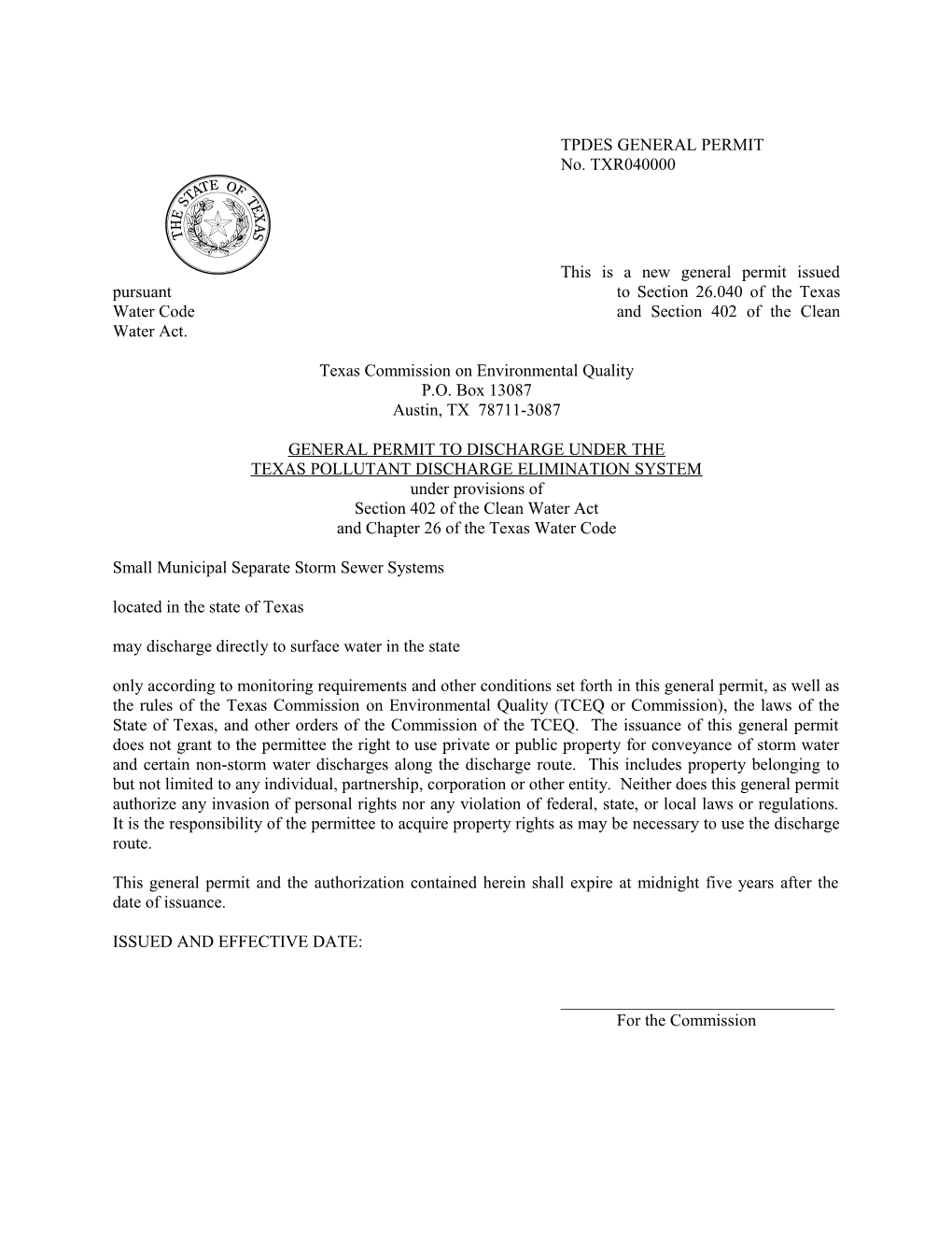 TPDES General Permit No. TXR040000