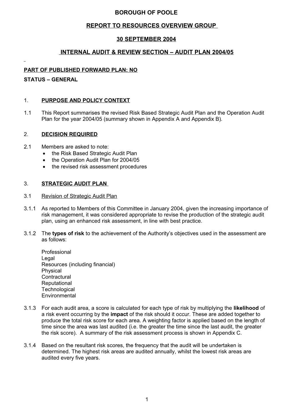 Internal Audit & Review Section Audit Plan 2004/05