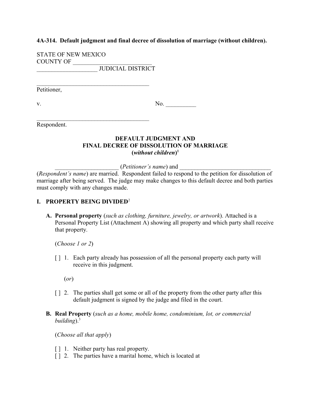 4A-314. Default Judgment and Final Decree of Dissolution of Marriage (Without Children)