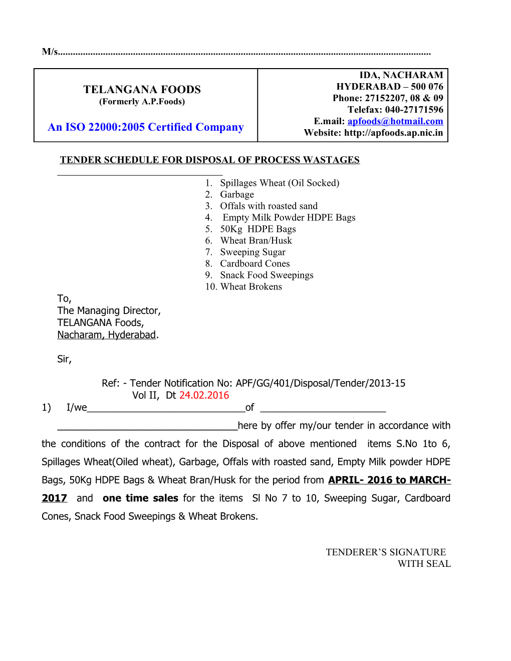 Tender Schedule for Disposal of Process Wastages