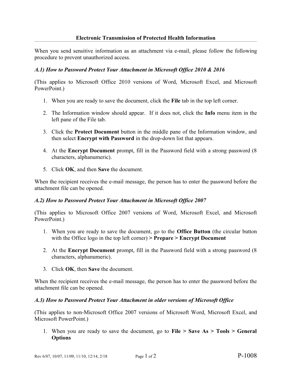 Electronic Transmission of Protected Health Information