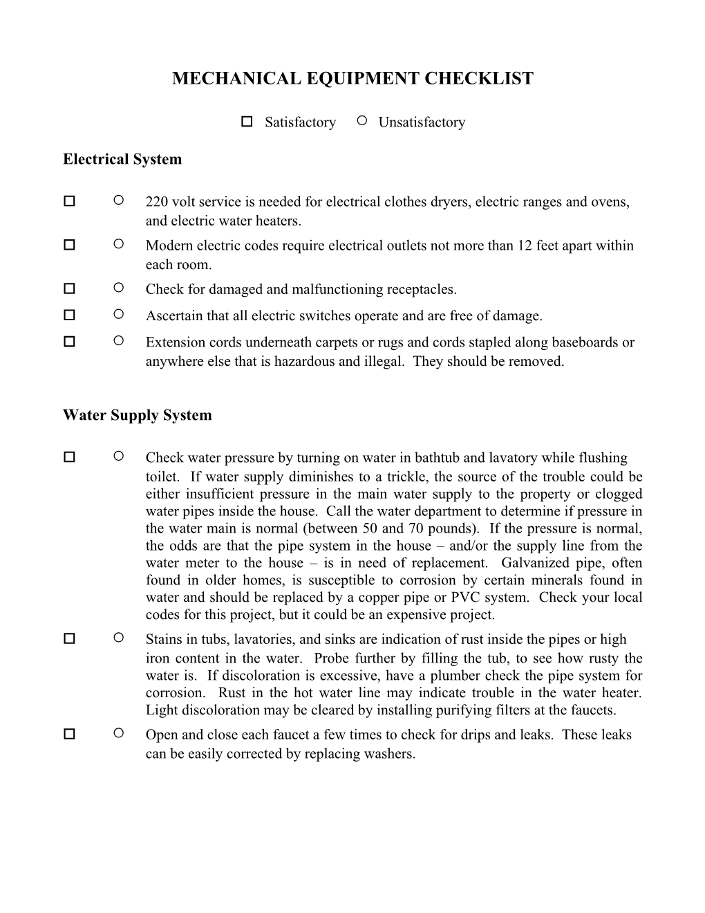 Mechanical Equipment Checklist