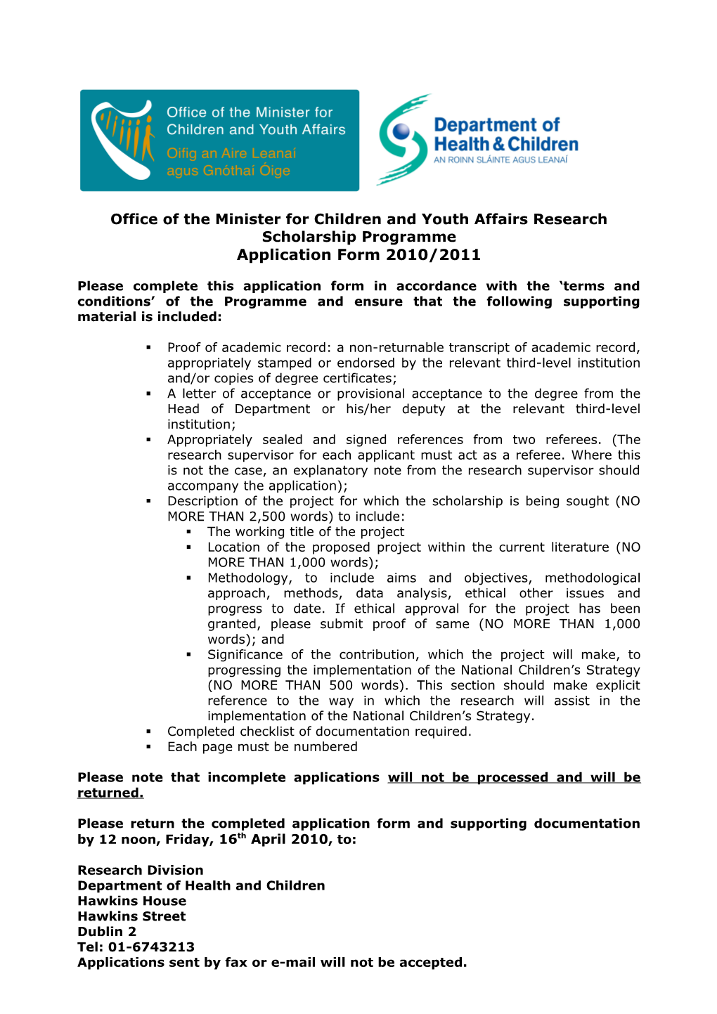 Office of the Minister for Children and Youth Affairs Research Scholarship Programme