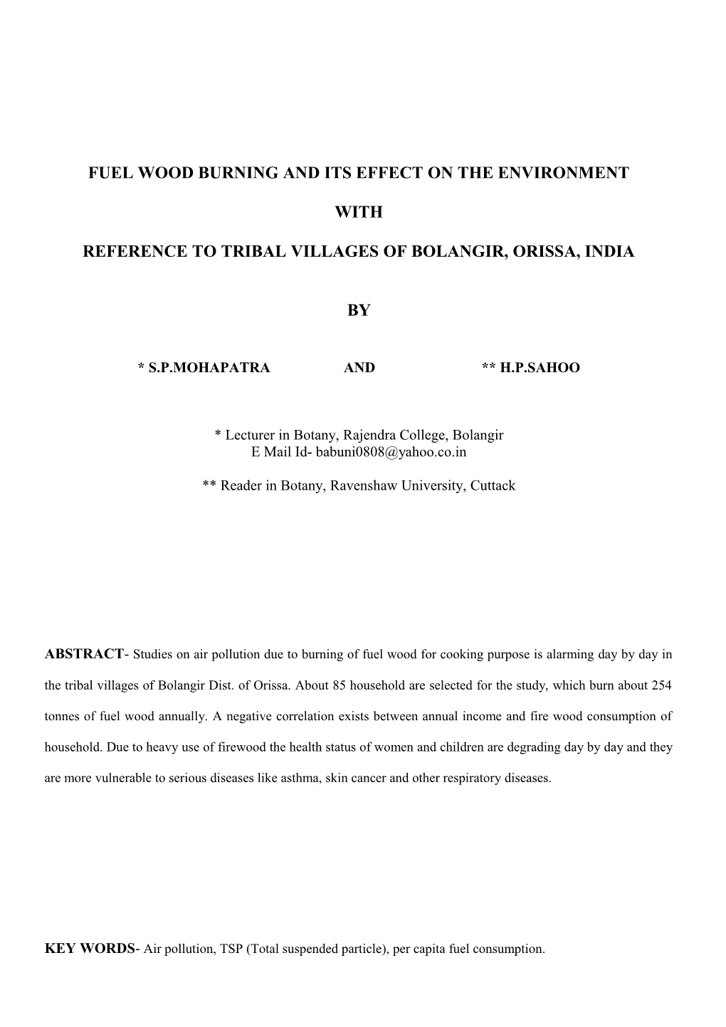 Fuel Wood Burning and Its Effect on the Environment-With