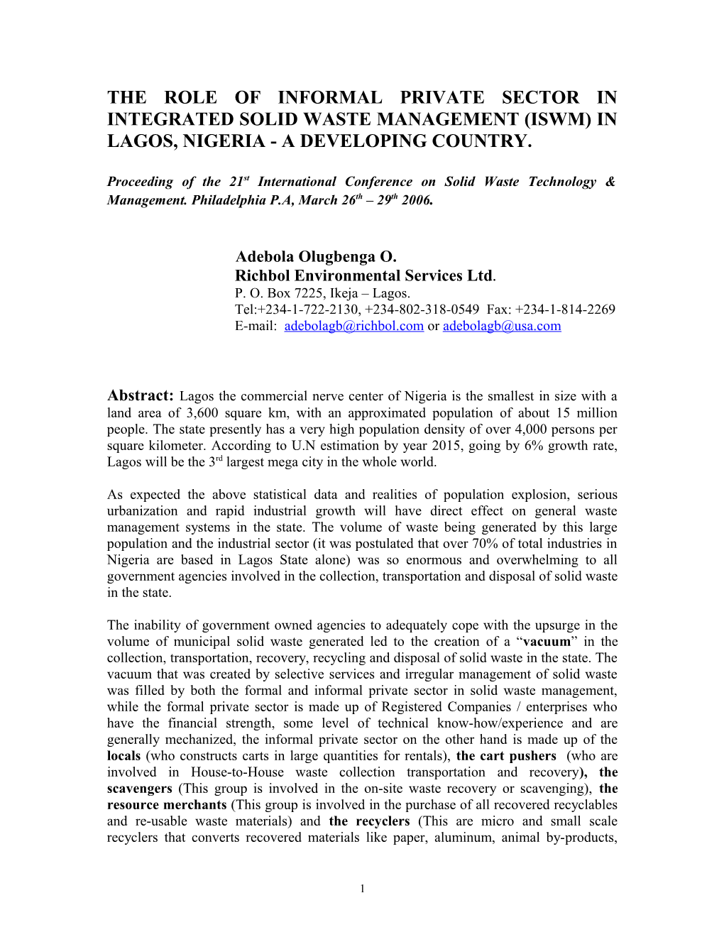 The Role of Informal Private Sector in Integrated Solid Waste Management (Iswm) in Lagos