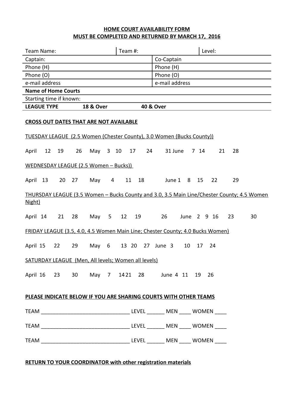 Home Court Availability Form