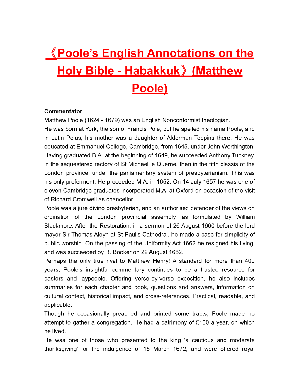 Poole S English Annotationson the Holy Bible - Habakkuk (Matthew Poole)