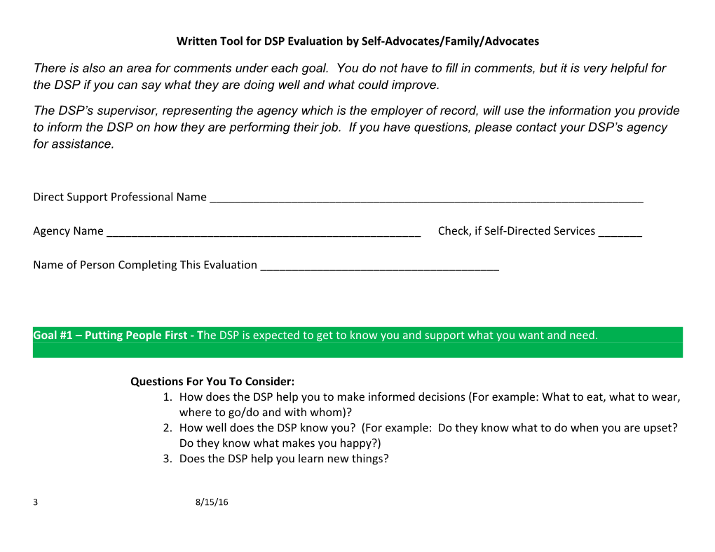 Written Tool for DSP Evaluation by Self-Advocates/Family/Advocates