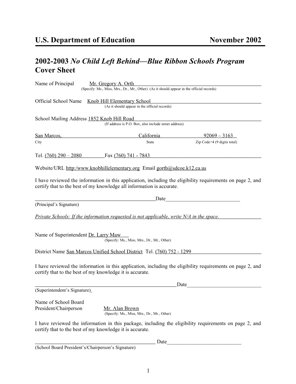 Knob Hill Elementary School 2003 No Child Left Behind-Blue Ribbon School (Msword)