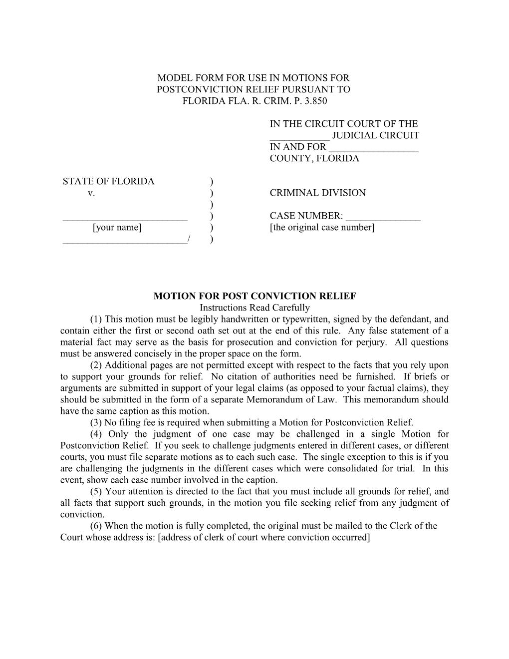 Model Form for Use in Motions for Postconviction Relief Pursuant to Florida Fla