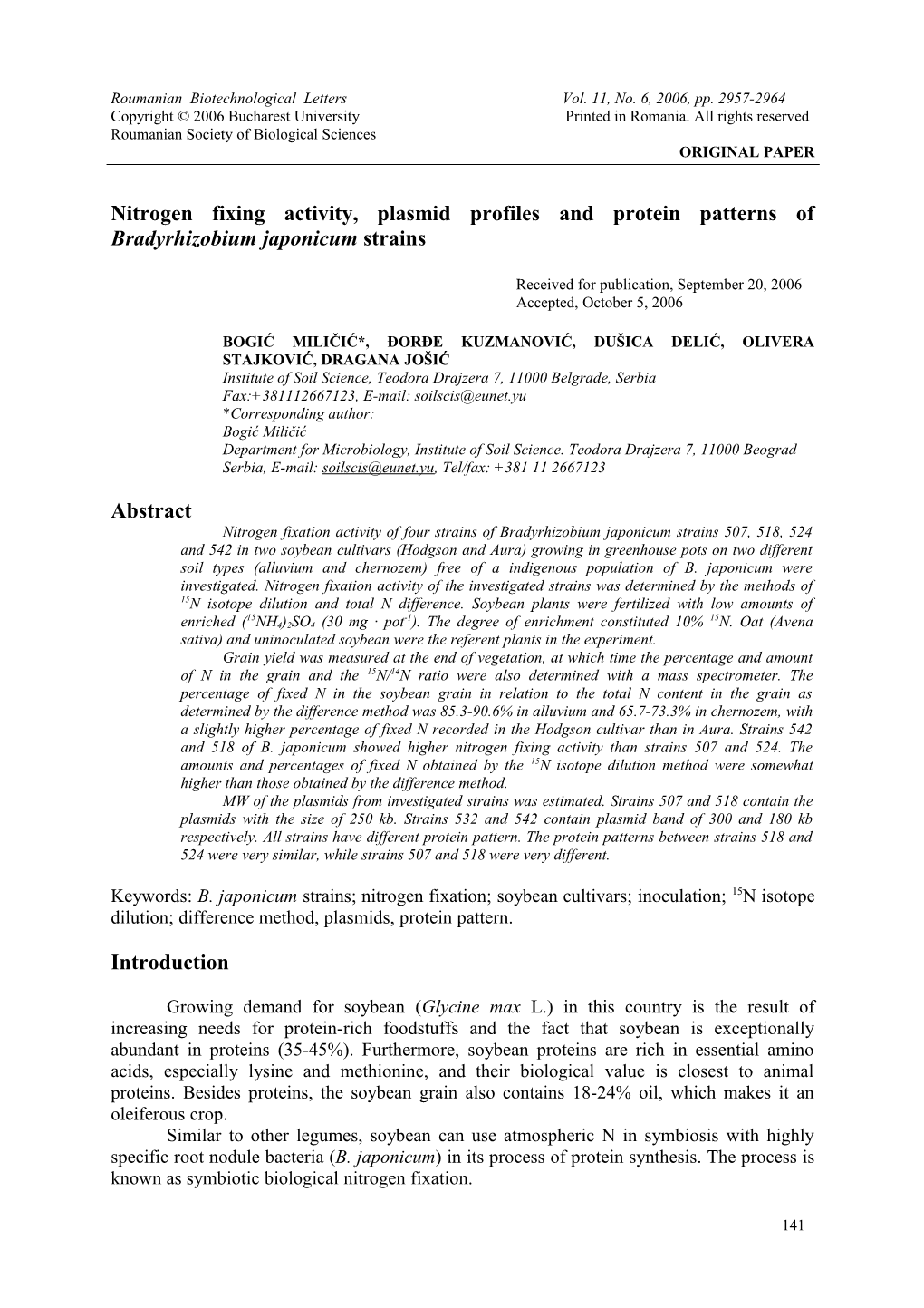 Estimation of Nitrogen Fixation in Soybean by the 15N Isotope Dilution and Total Nitrogen