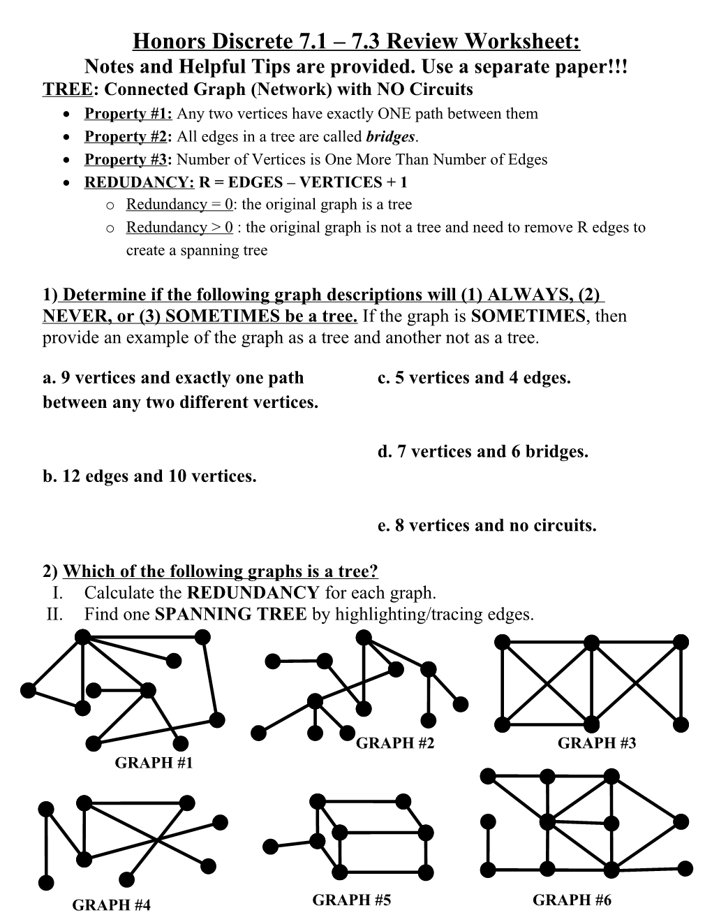 Honors Discrete 7.1 7.3 Review Worksheet