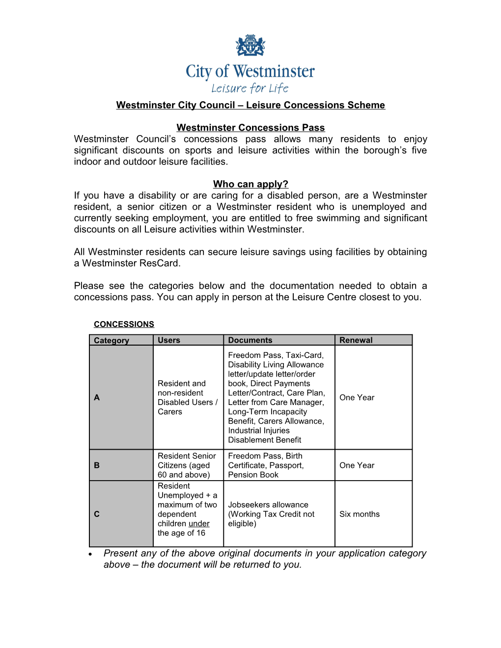 Westminster City Council Leisure Concessions Scheme