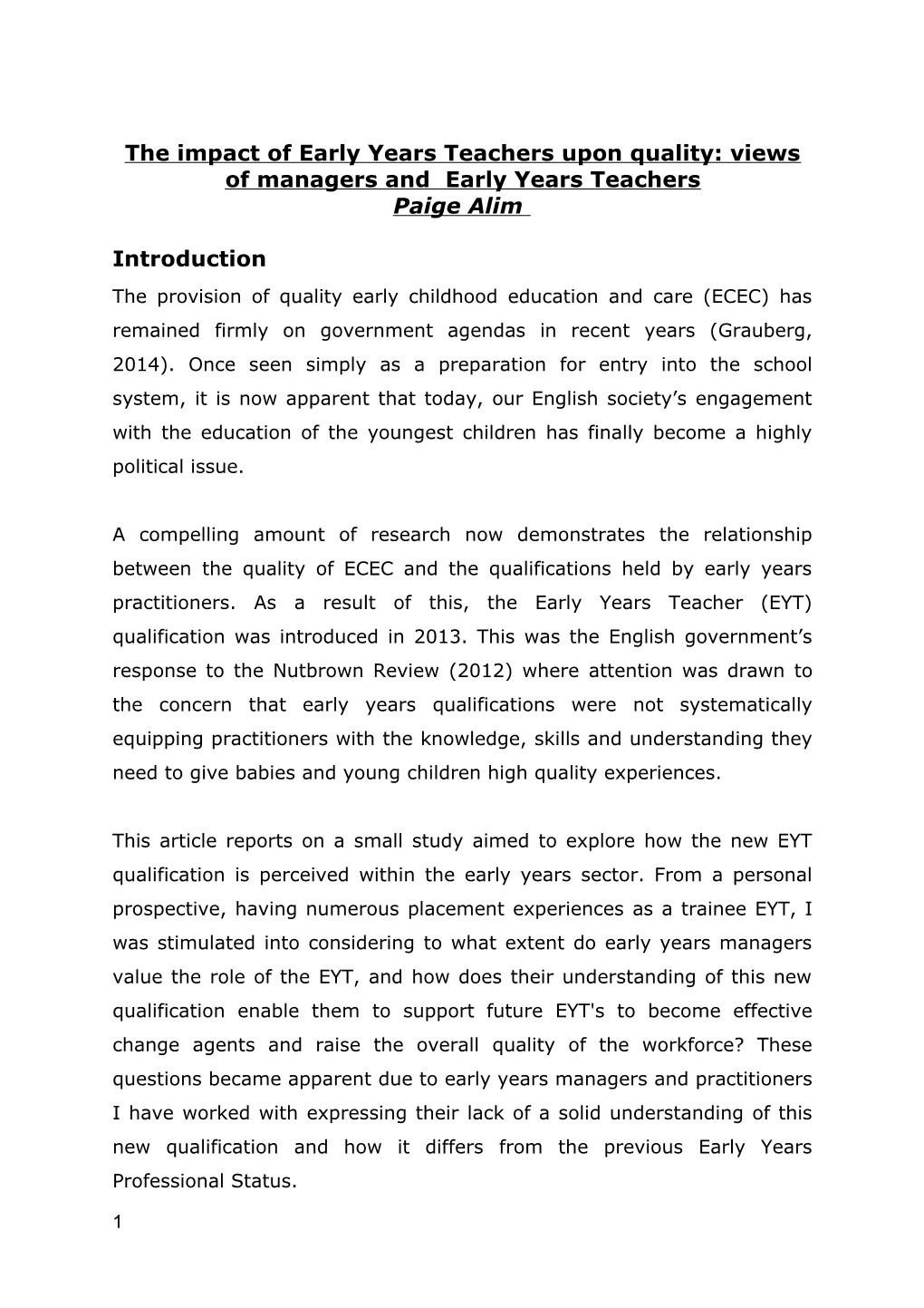 The Impact of Early Years Teachers Upon Quality: Views of Managers and Early Years Teachers