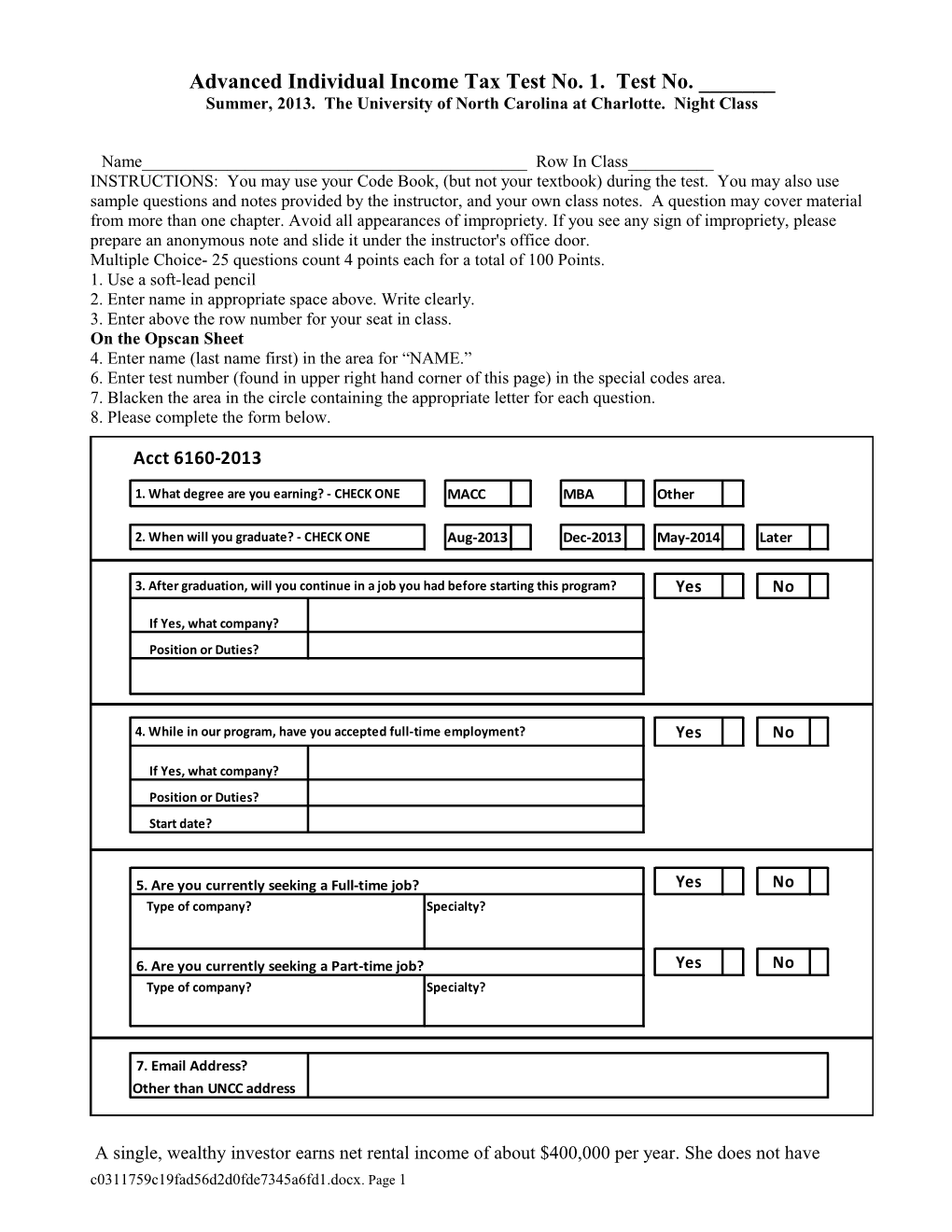 Advanced Individual Income Tax Test No. 1. Test No. ______