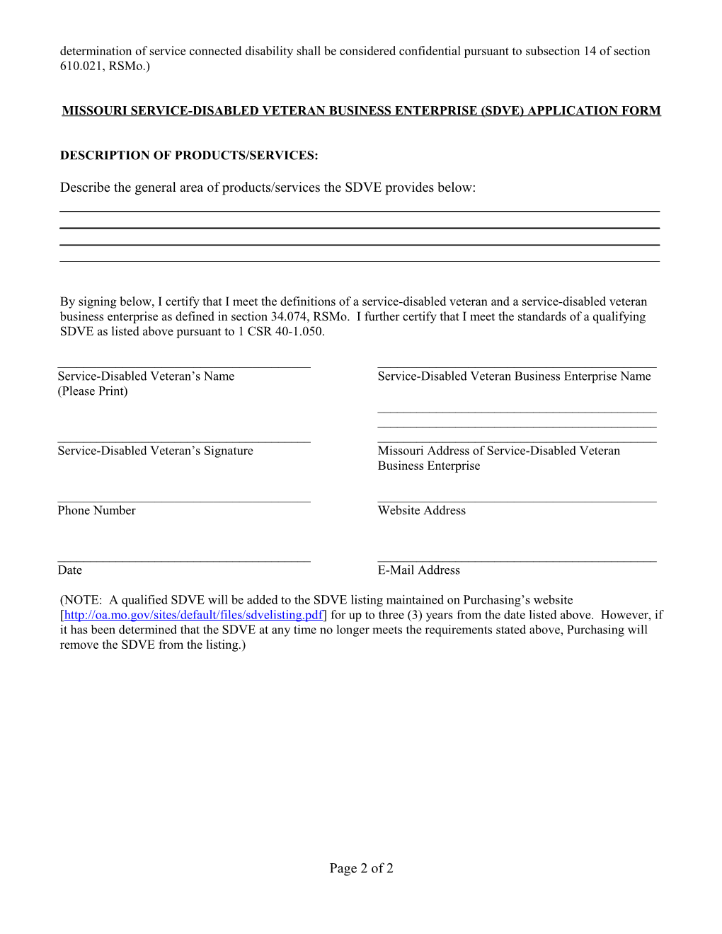 Missouri Service-Disabled Veteran Business Enterprise (Sdve) Application Form