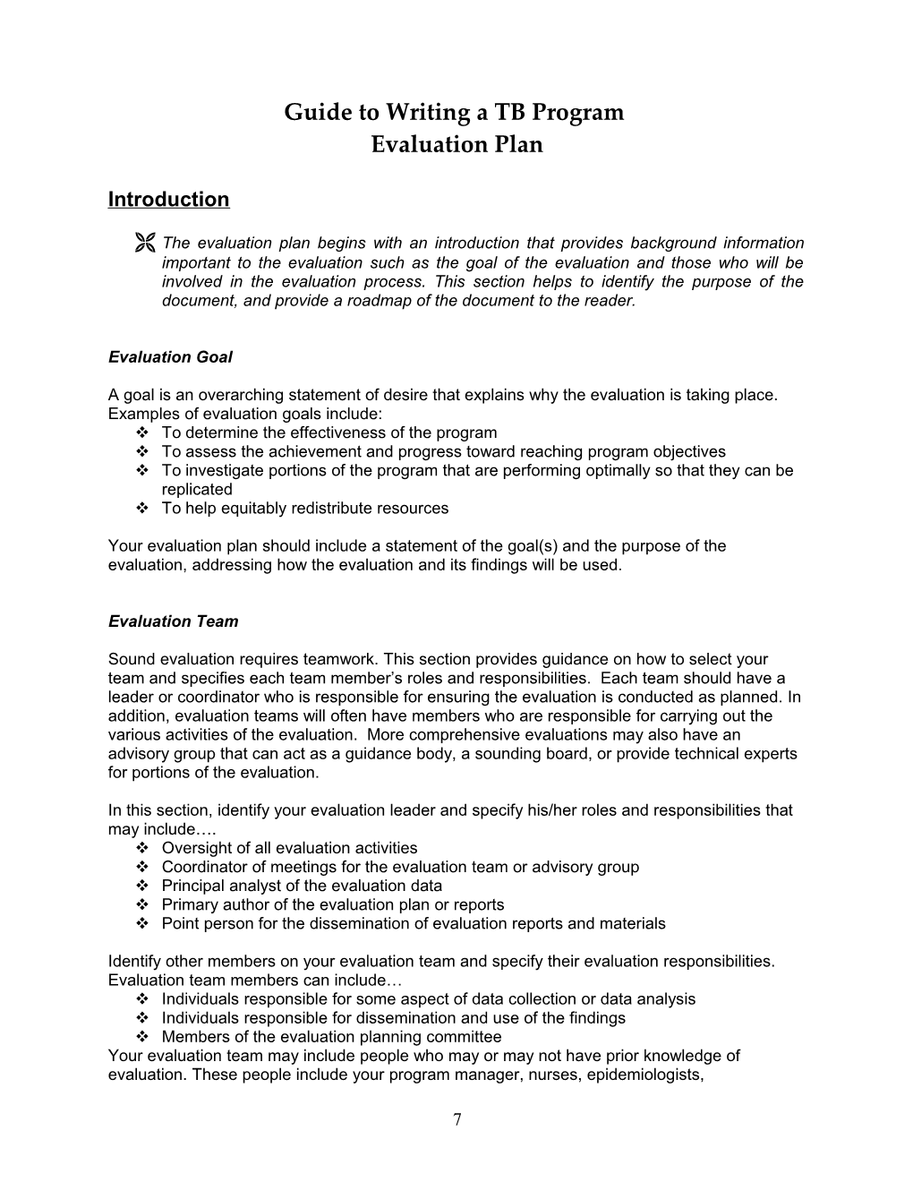 DTBE Program Evaluation Guide Guide to Writing a TB Program Evaluation Plan