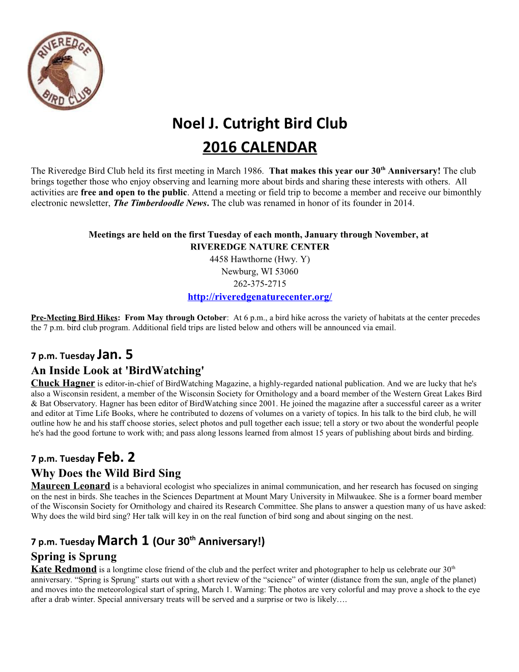 Noel J. Cutright Bird Club 2016 CALENDAR