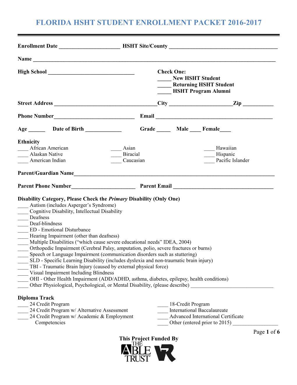Florida Hs/Ht Student Enrollment Form 2011-2012