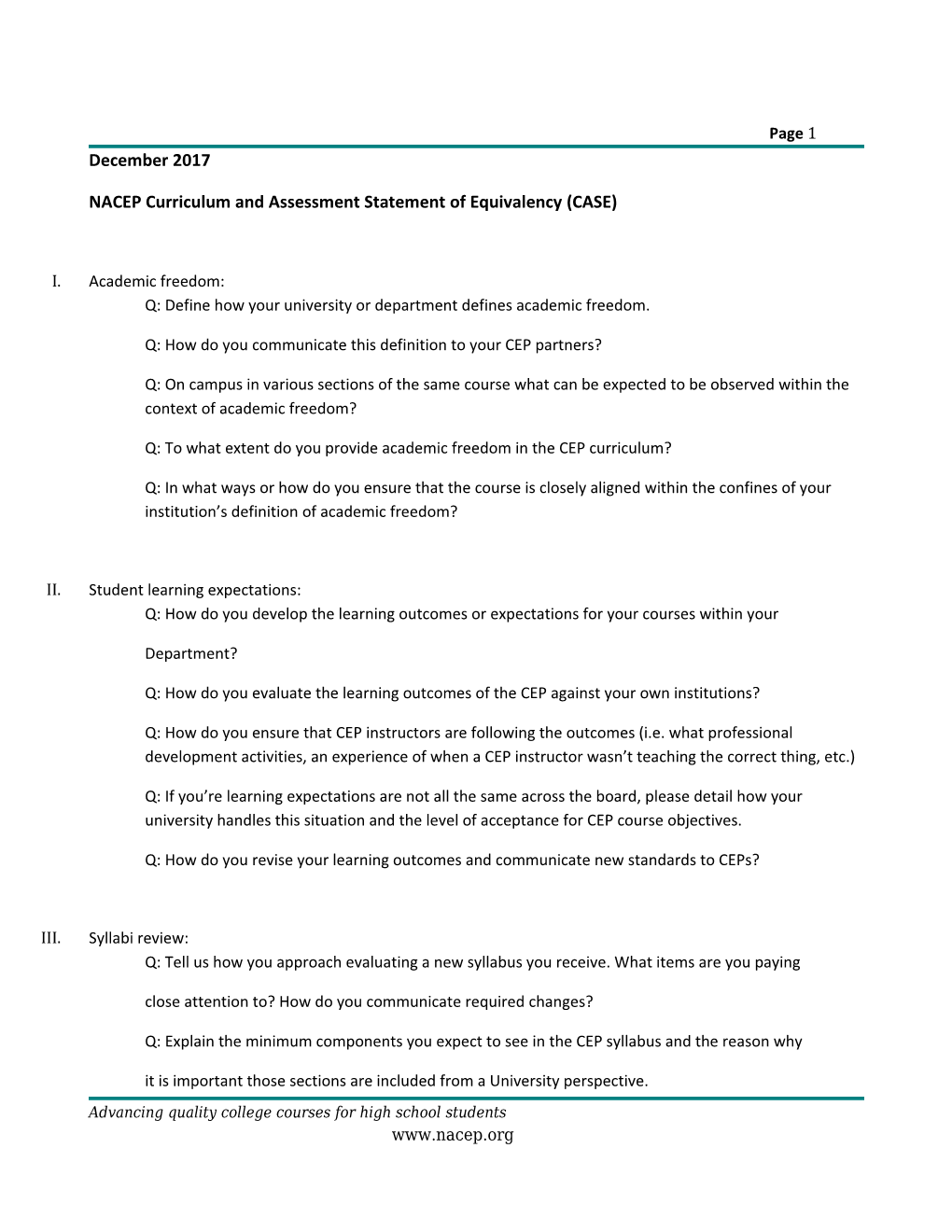 NACEP Curriculum and Assessment Statement of Equivalency (CASE)
