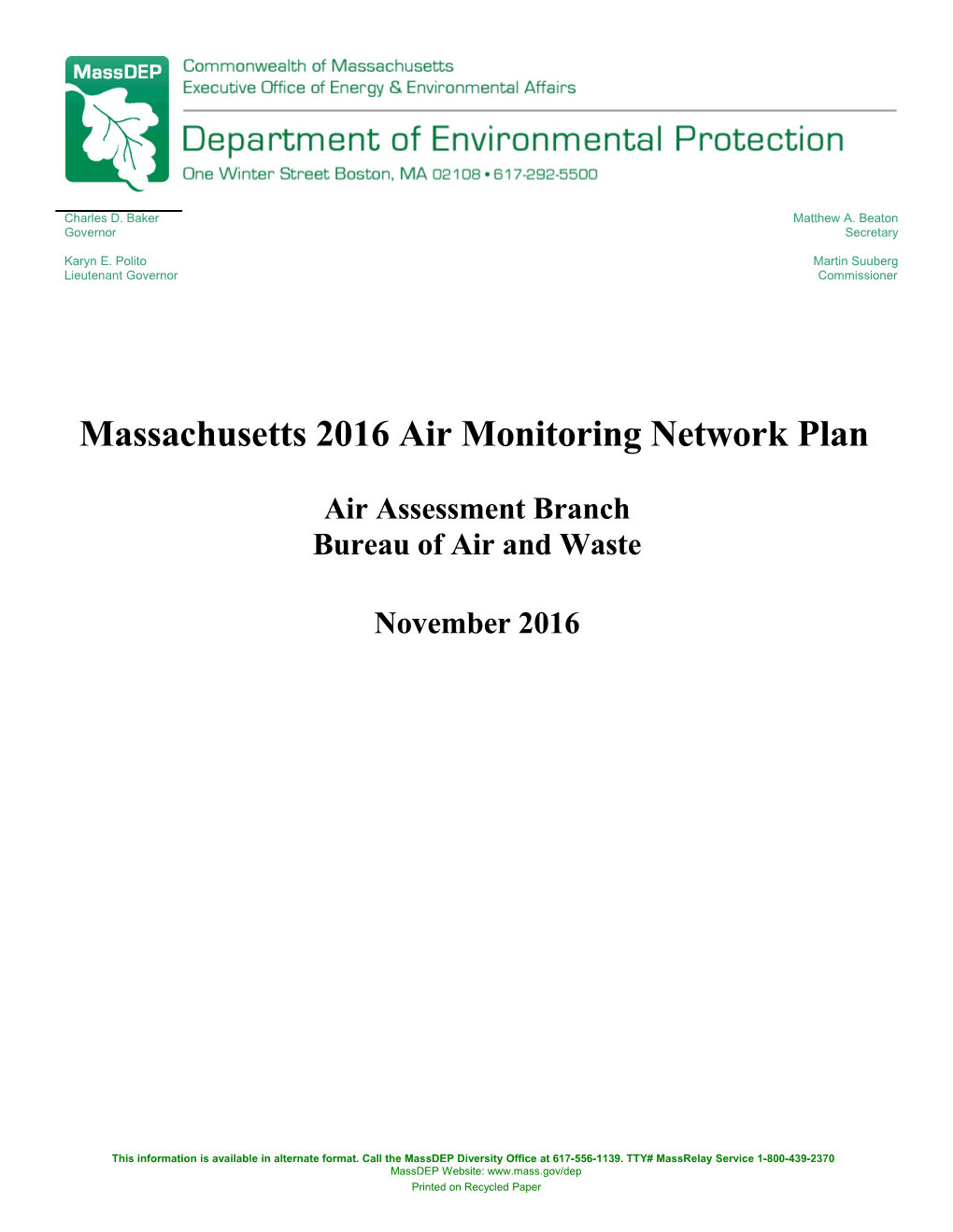Massachusetts 2016Air Monitoring Network Plan