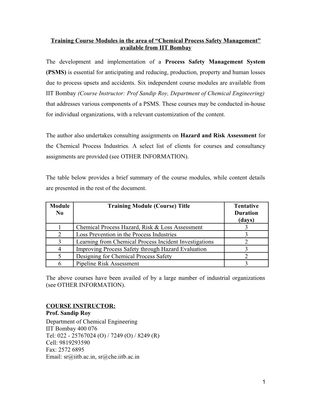 Training Course Modules in the Area of Chemical Process Safety Management Available From